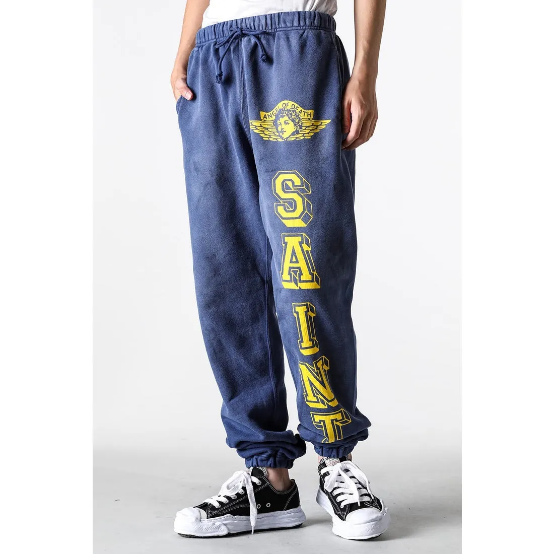 SAINT M×××××× ANGEL SWEATER PANTS/NAVY Angel Reborn Blue Sweatpants Washed Blue S-XL Assute Garment Dyeing Full Clothes Water Fading Dirty and Distressed New Vintage Ceiling God Cut Original Same Style